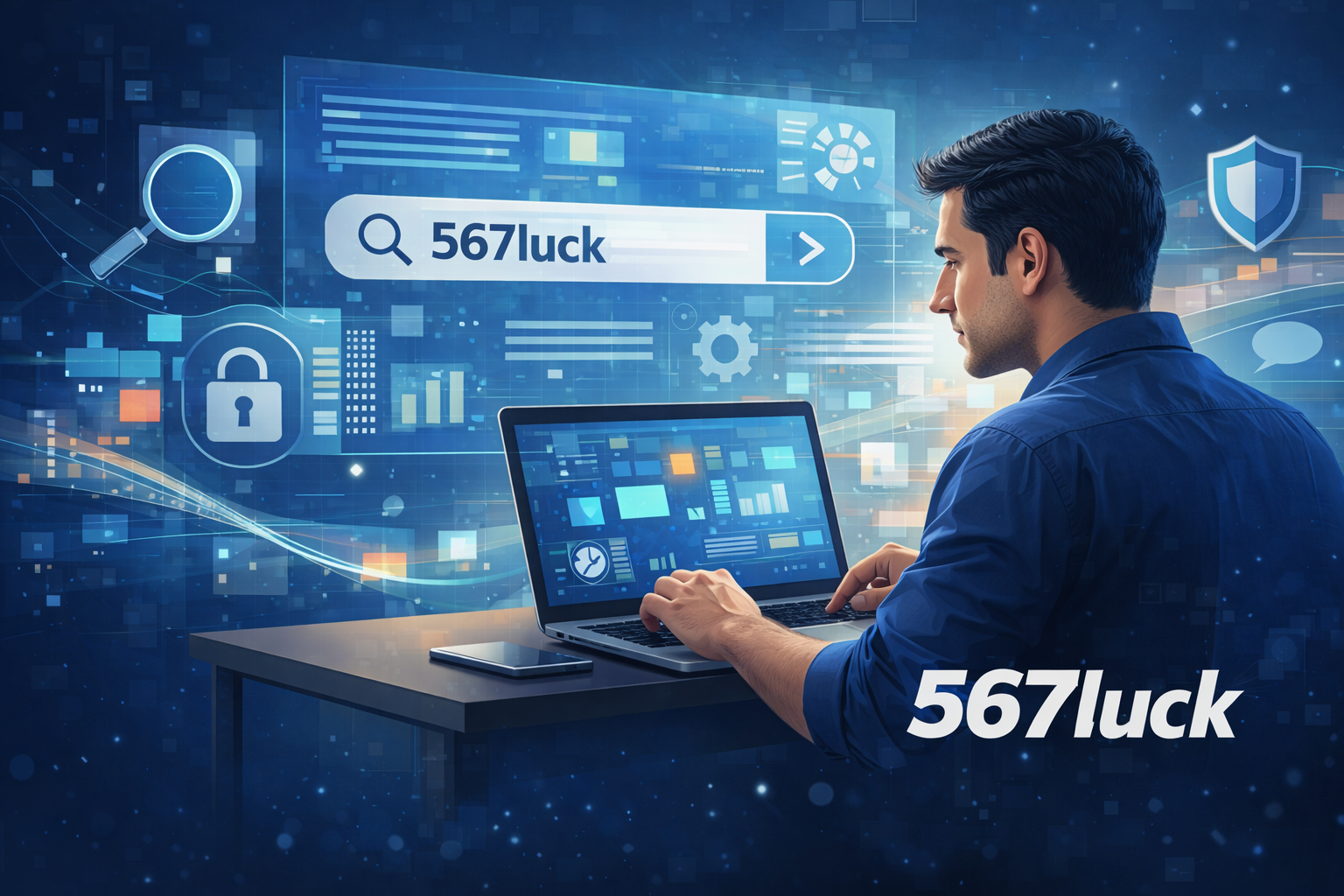 Ilustrasi literasi digital yang menampilkan pengguna dewasa memahami sistem hiburan online melalui pencarian informasi digital, dengan logo 567luck sebagai identitas visual.